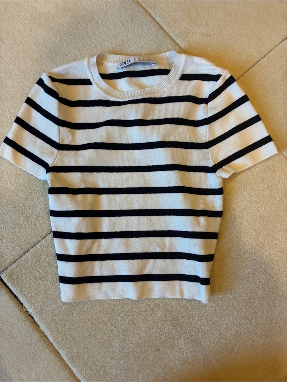 Zara White and Black Striped Short Sleeve Top
